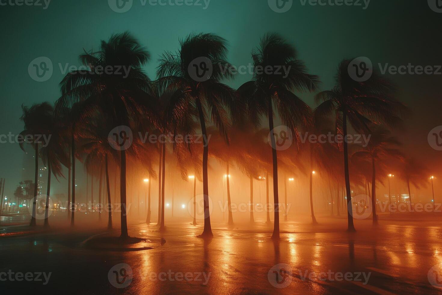 Hurricane winds sway palm trees under dim lights during stormy night photo