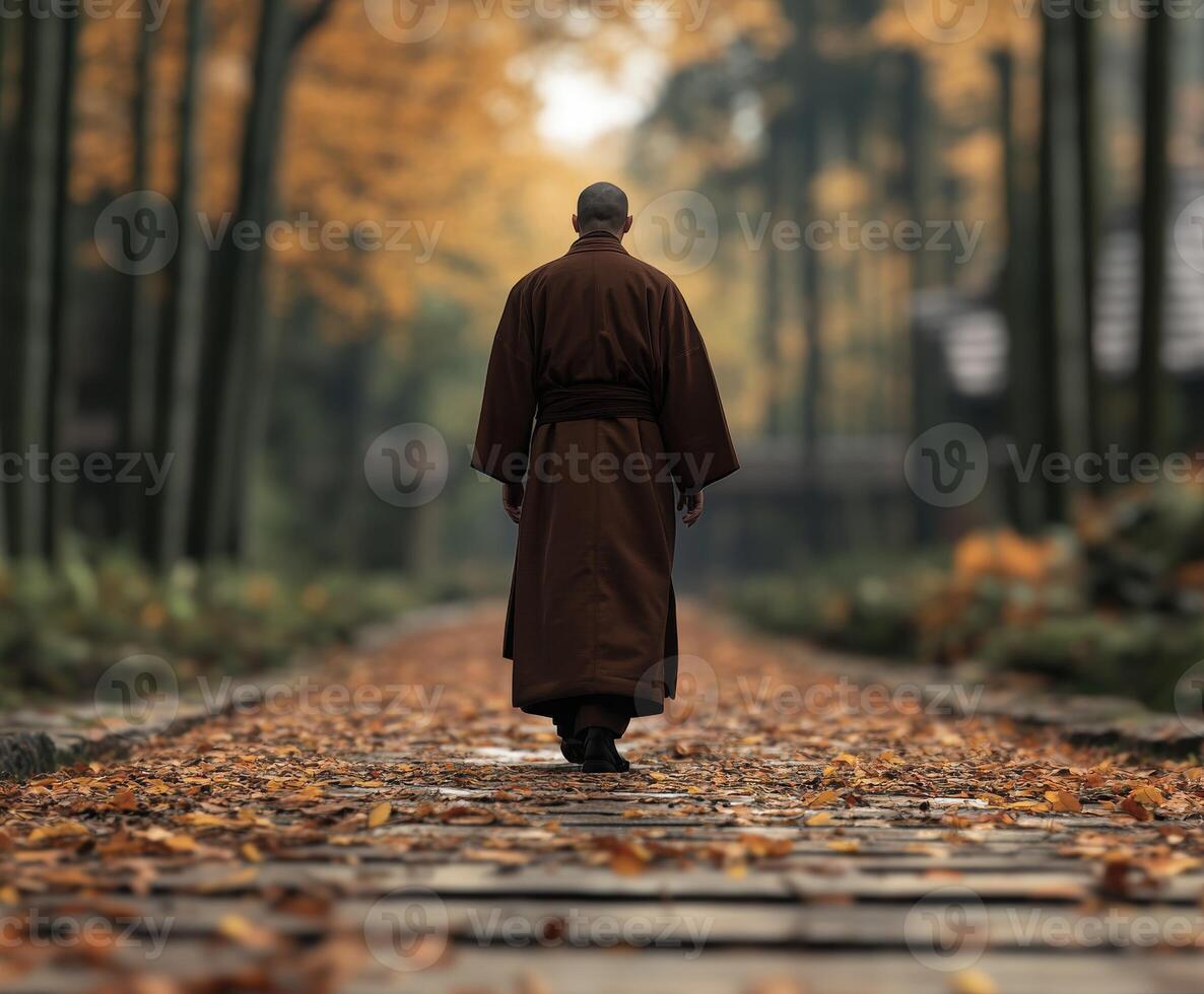 A monk walking along a peaceful autumn path in a serene forest photo
