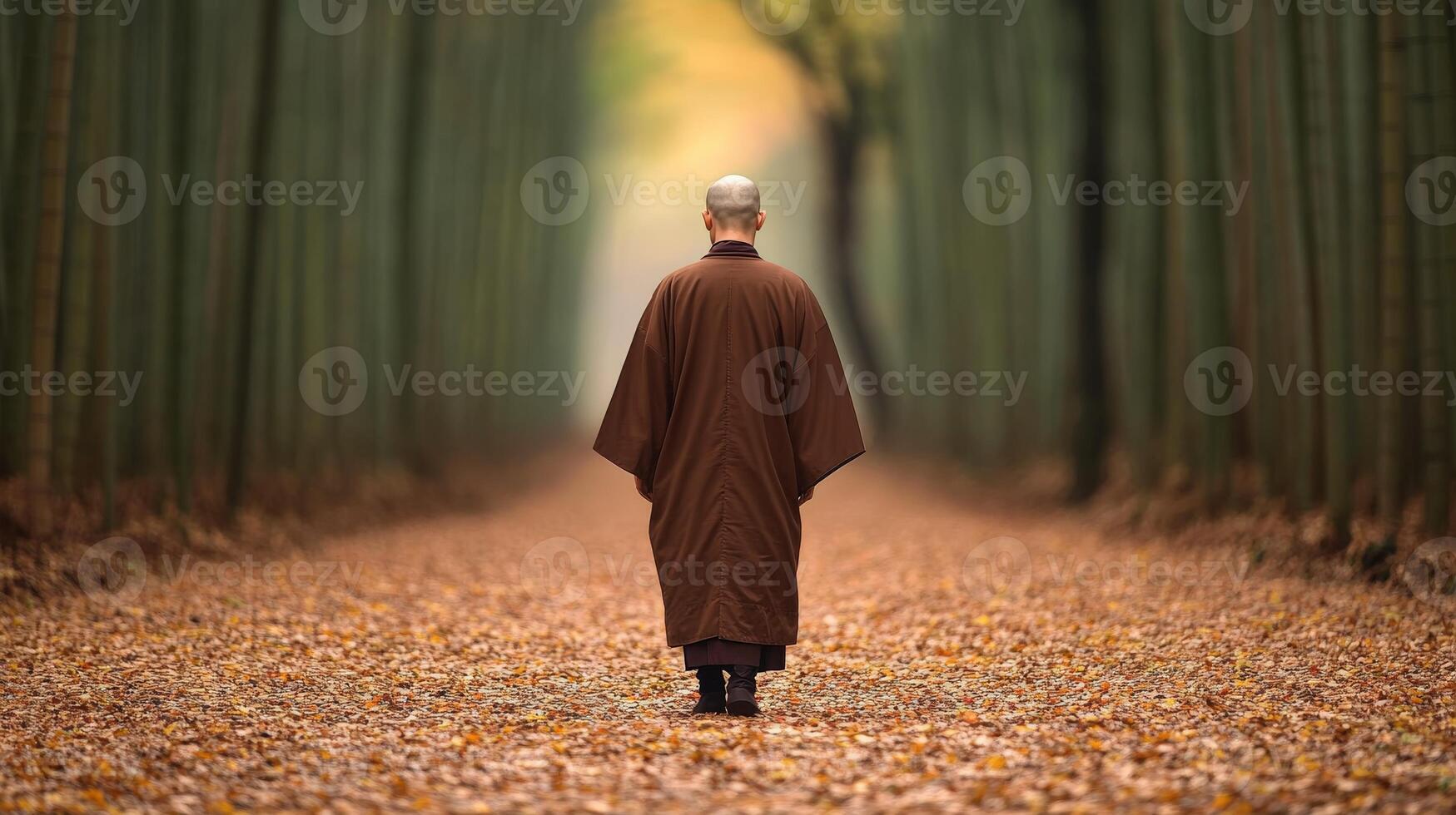A monk walking through an autumn forest in tranquil solitude photo