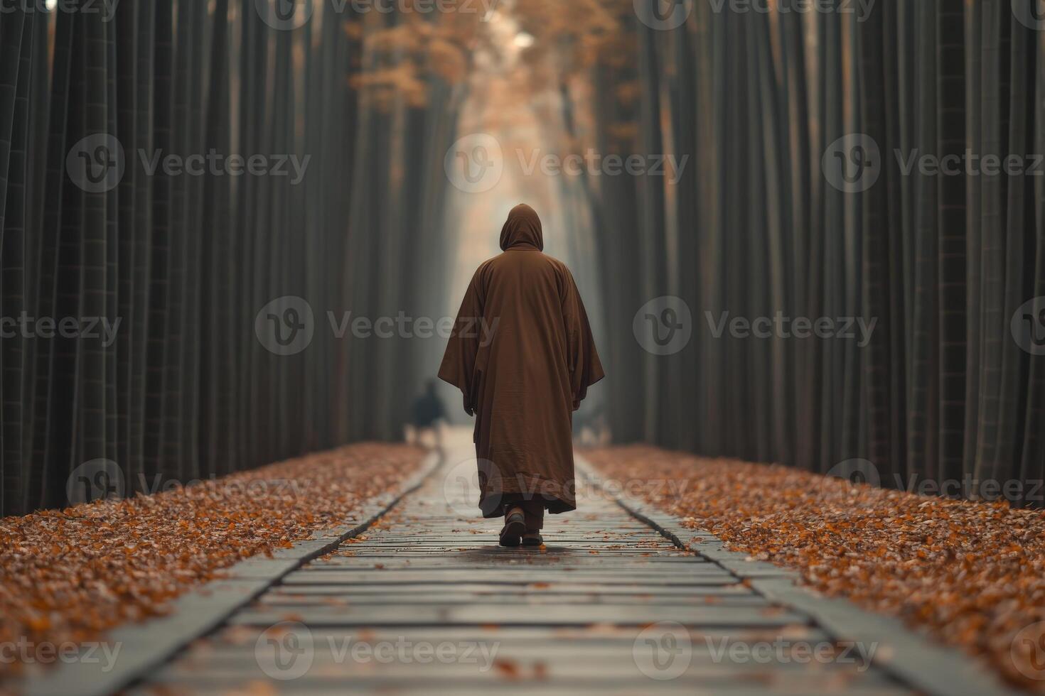 A cloaked figure walking along a path in a serene bamboo forest photo