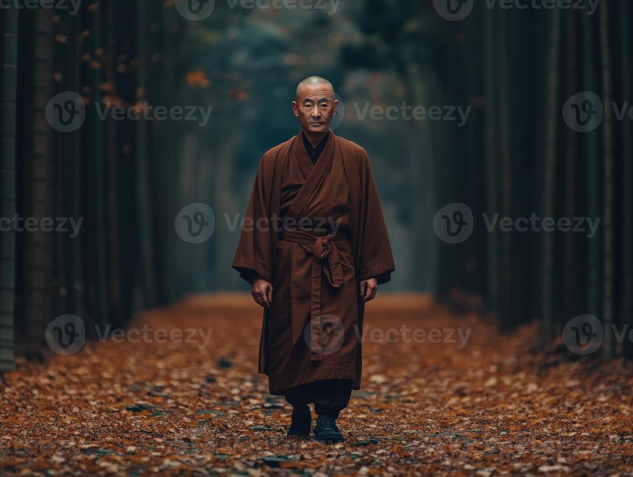 An elderly monk walking through a tranquil forest path covered in leaves photo