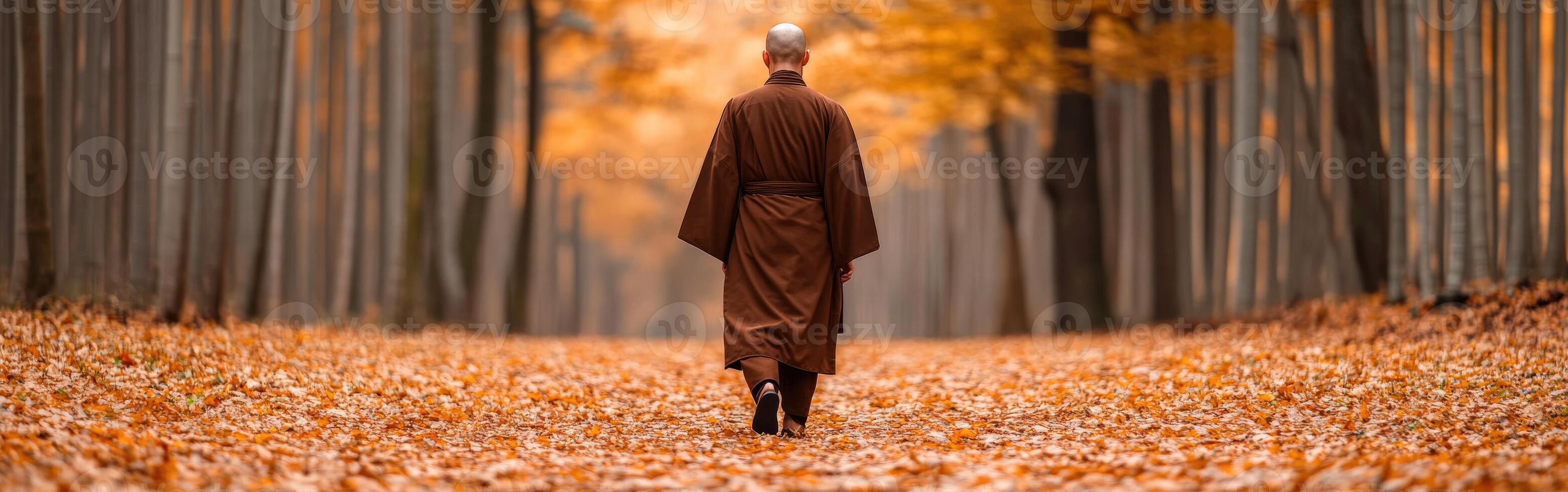 A monk walks through a serene autumn forest path surrounded by leaves photo
