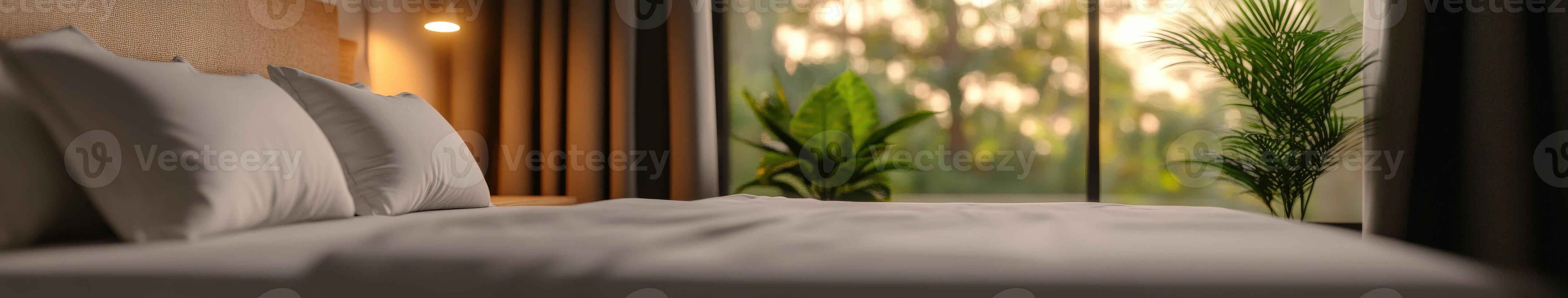 Cozy bedroom with plants and a view during sunset hours photo