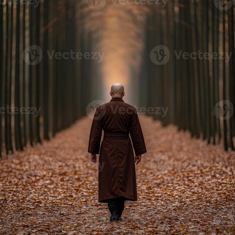 A monk walks through a tranquil forest path surrounded by autumn leaves photo