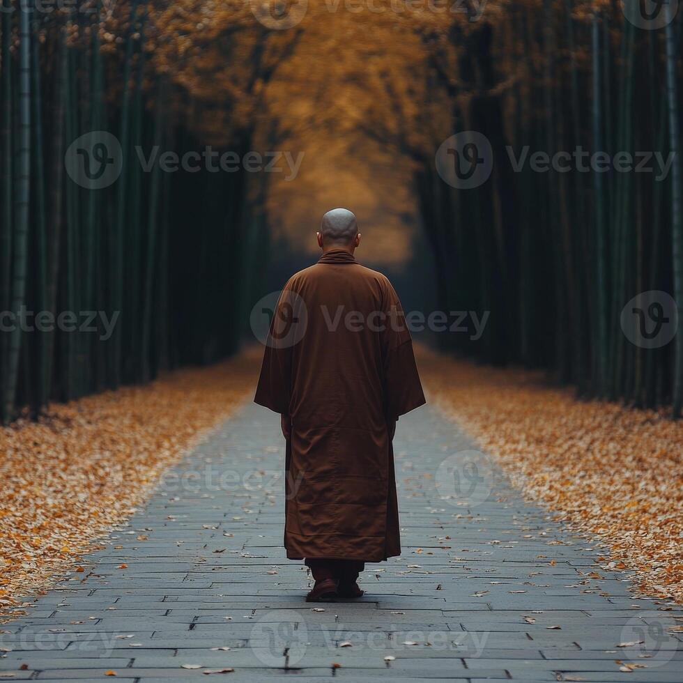 A monk walking on a tranquil path surrounded by autumn foliage photo