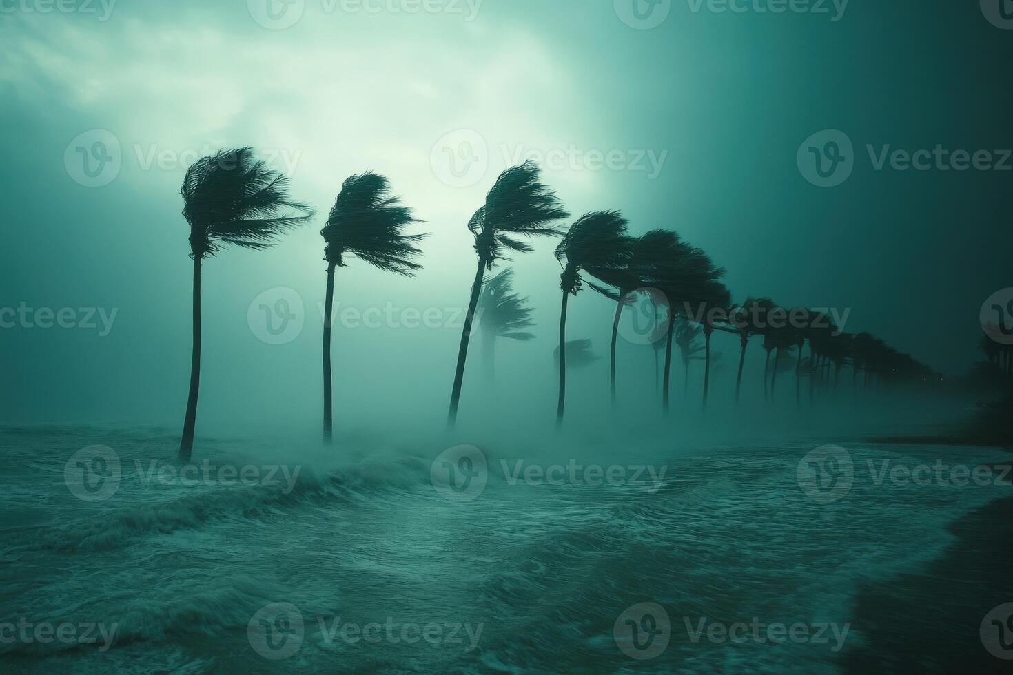 Hurricane winds lash coastal trees against a darkened sky at dusk photo