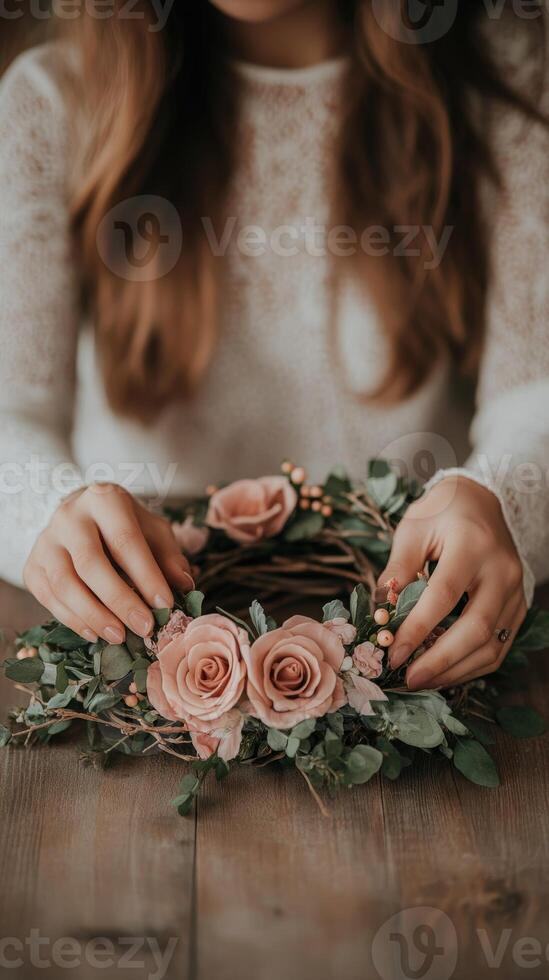Creating a delicate floral wreath with pink roses and greenery at home photo