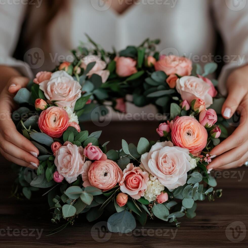 Creating a beautiful floral wreath with pink roses and greenery indoors photo