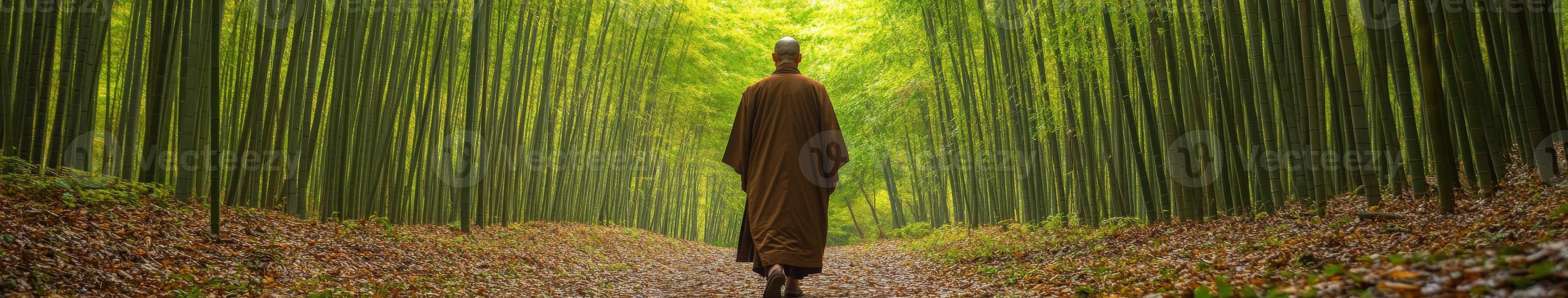 A monk walks through a serene bamboo forest during daylight hours photo