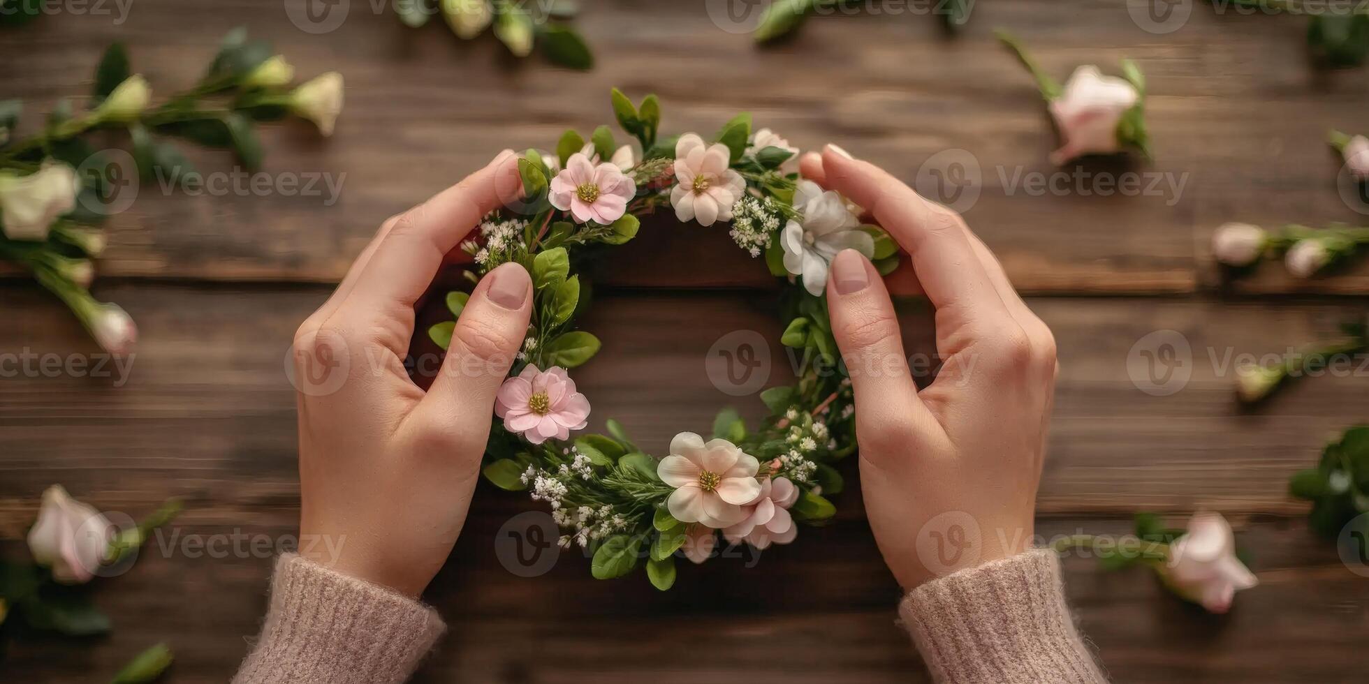 Making a floral crown with blooms and greenery on a table photo