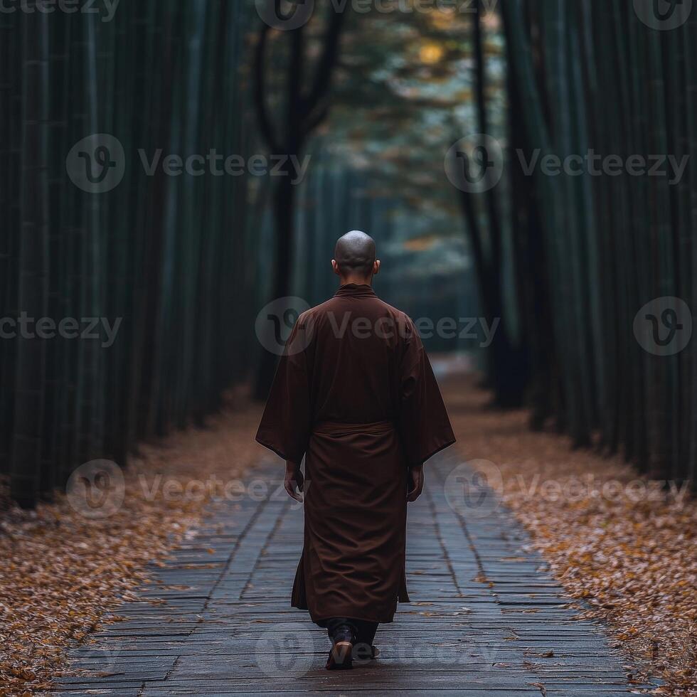 A monk walks through a tranquil bamboo forest in autumn photo