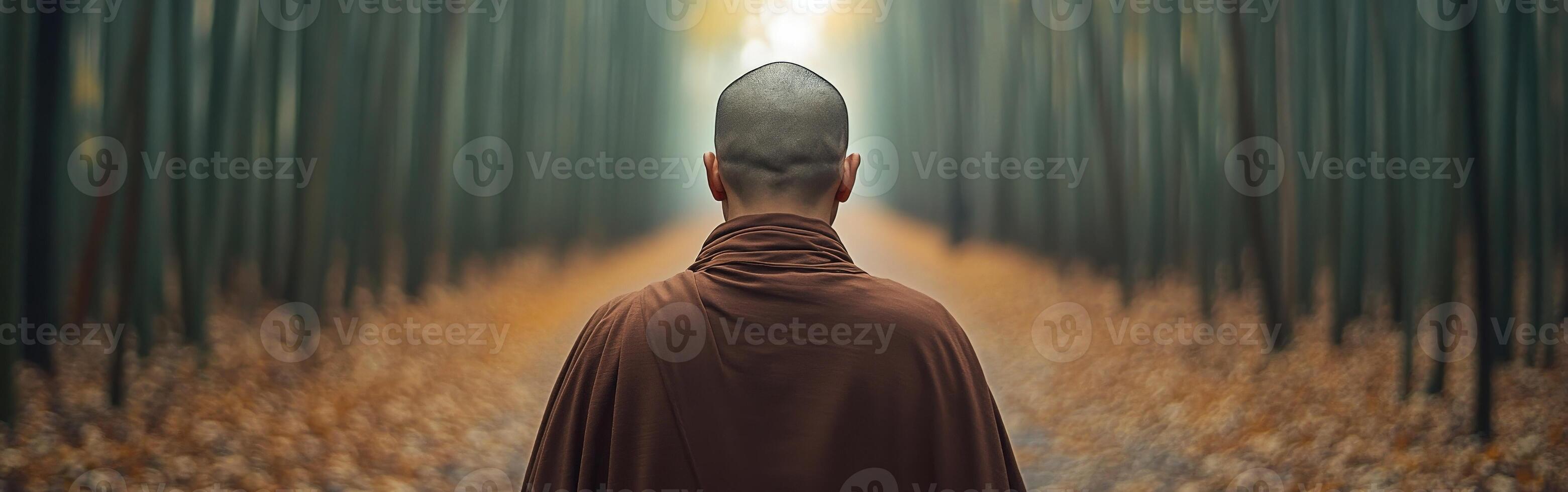 A monk walking through a serene forest path during autumn photo