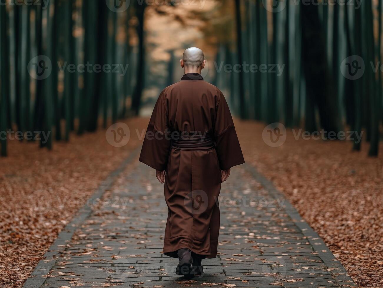 A monk walking through a tranquil forest path covered in autumn leaves photo