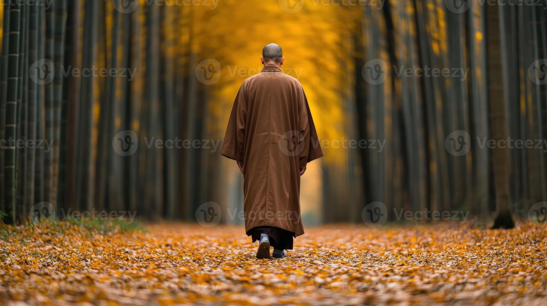 A monk walking through a tranquil autumn forest path in golden light photo