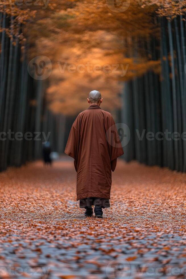 Monk walking through a tranquil bamboo forest in autumn's golden hues photo