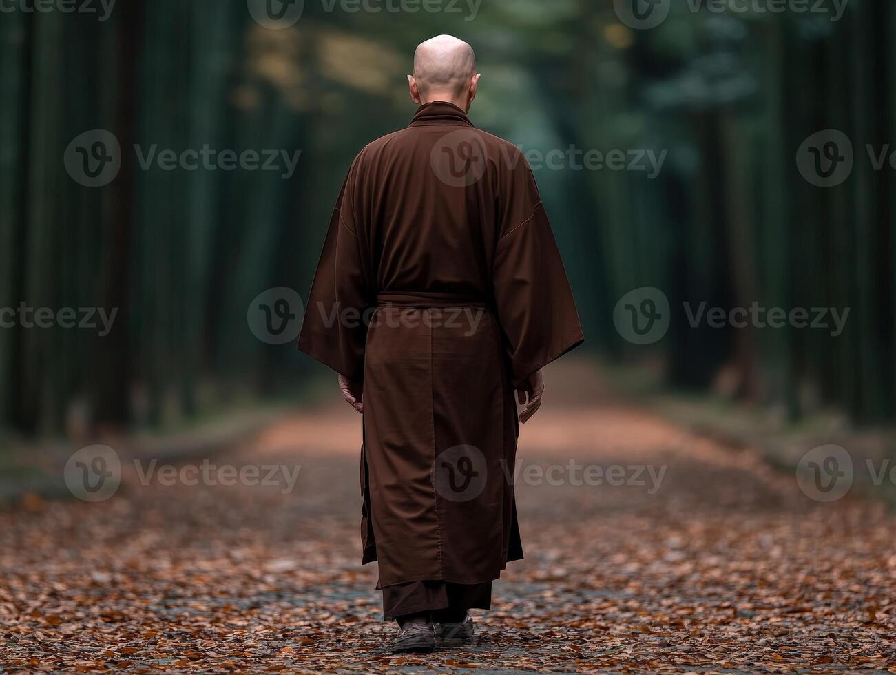 A monk walking amidst autumn leaves in a serene forest path photo