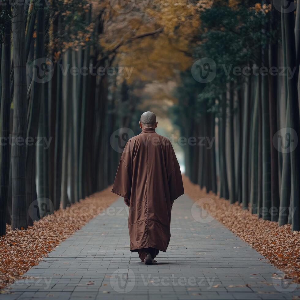 A monk walking peacefully along a tree-lined path in autumn photo