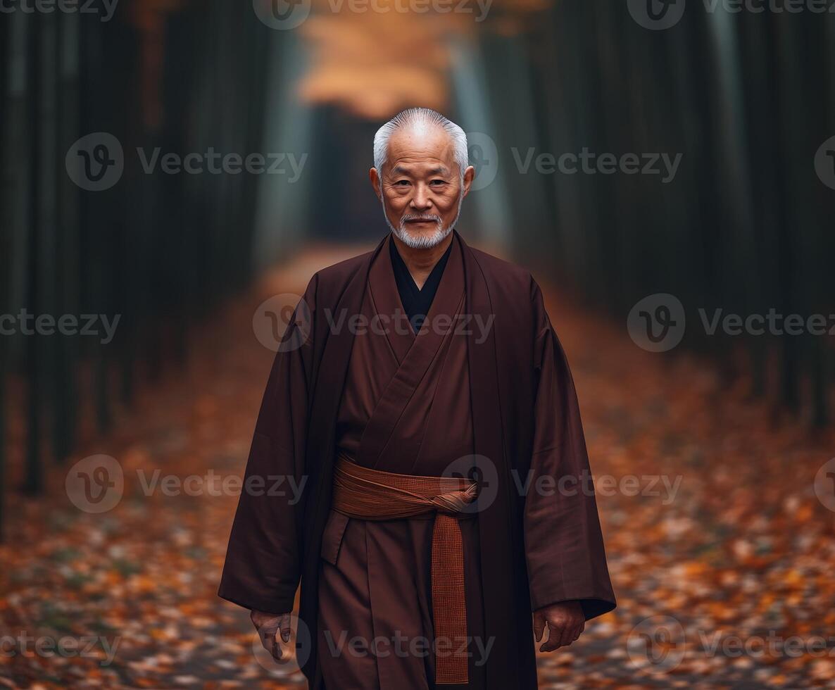 Elderly man in traditional attire walks through a serene bamboo grove photo