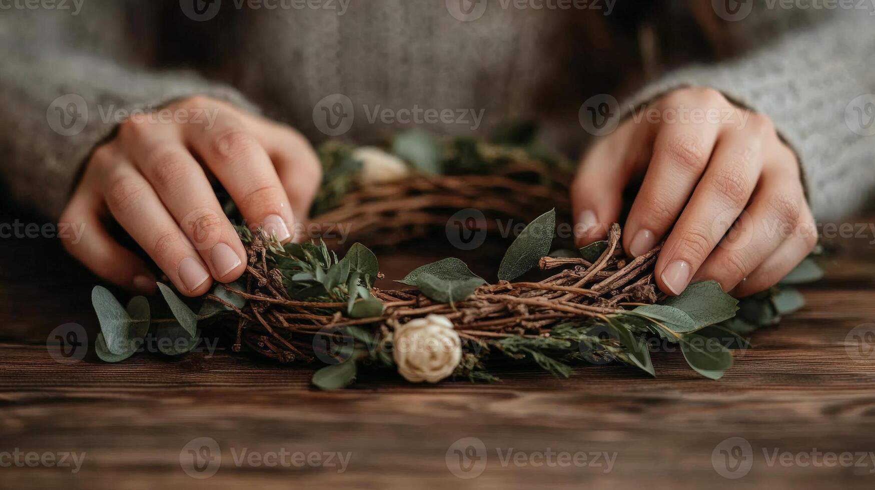 Creating a delicate floral crown with greenery and dried flowers photo
