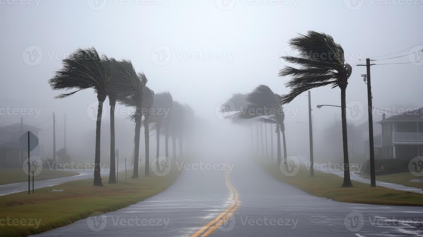 Heavy winds and rain from a hurricane impact a coastal road at dusk photo