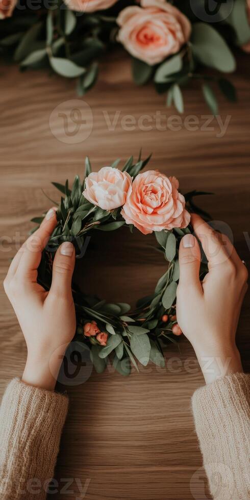Crafting a floral crown with pink roses and greenery at home photo