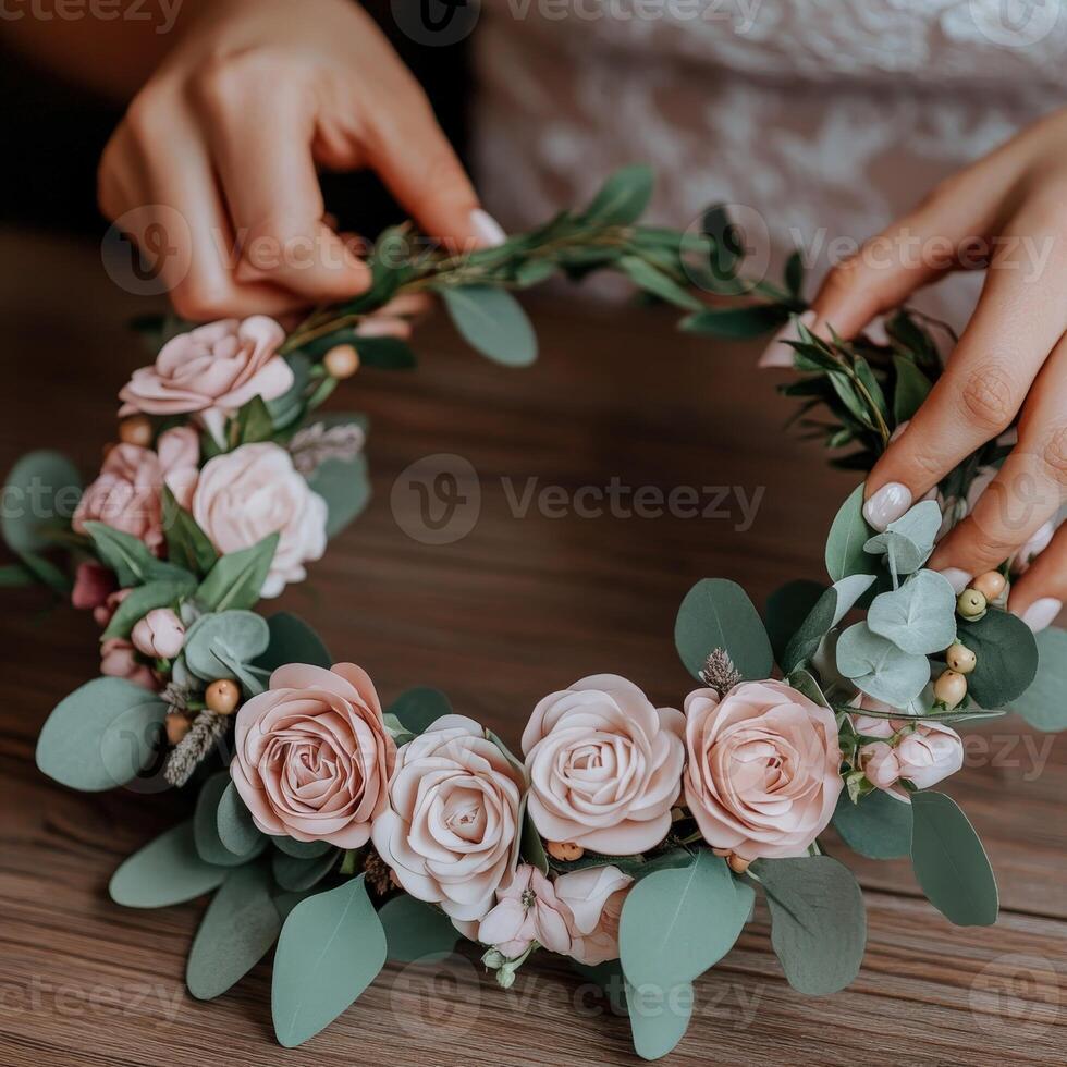 Creating a beautiful floral crown with soft pink roses and greenery photo