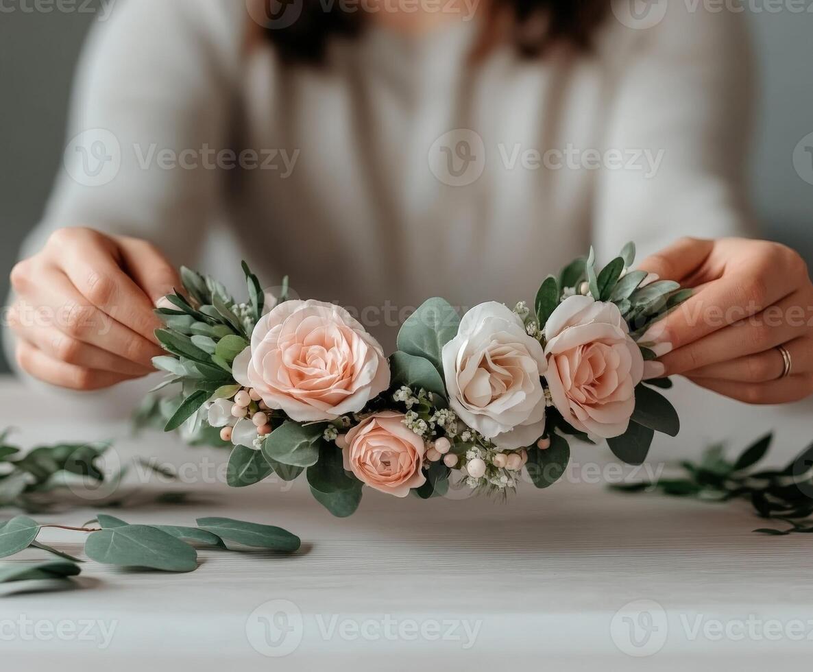 Crafting a beautiful floral headband with roses and greenery indoors photo