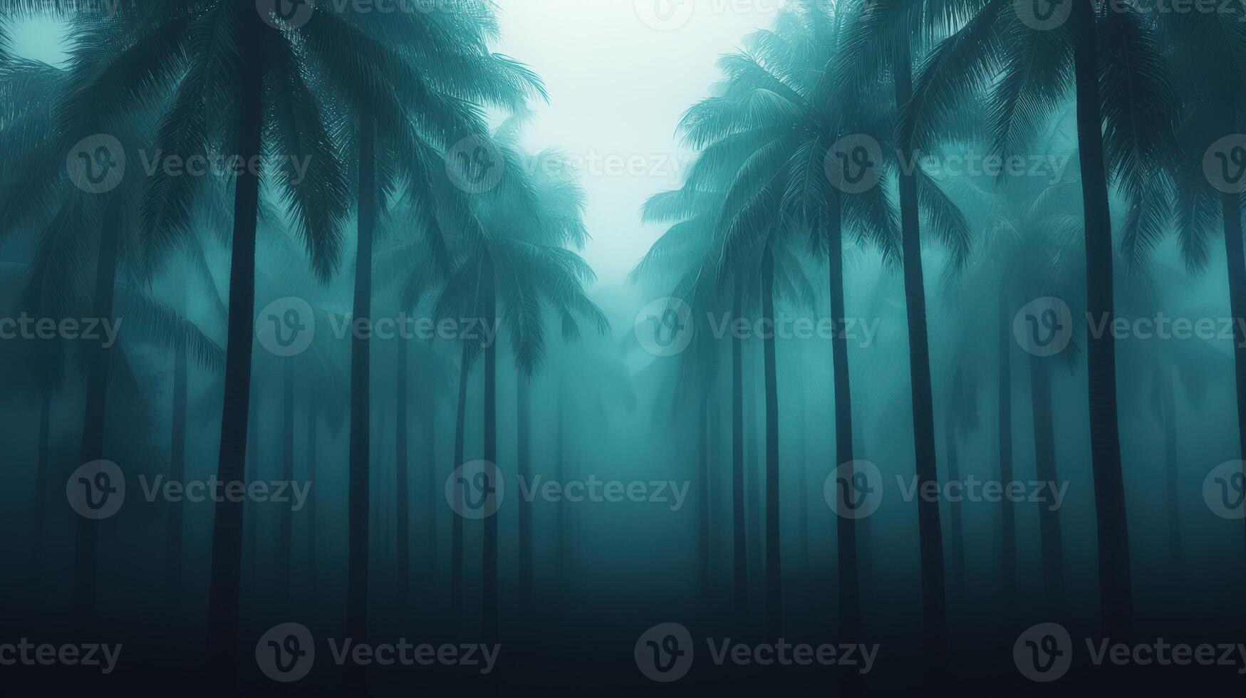 Hurricane winds sweep through a dense palm tree forest at dusk photo