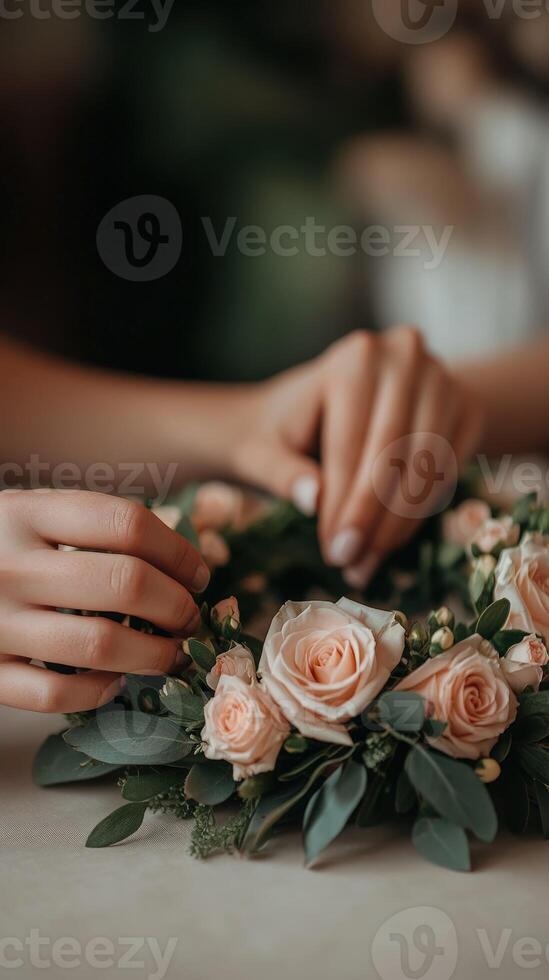 Creating a floral arrangement with pink roses and greenery indoors photo
