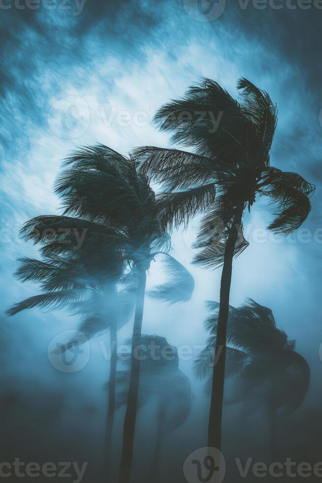 Strong winds whip through palm trees during a hurricane at dusk photo