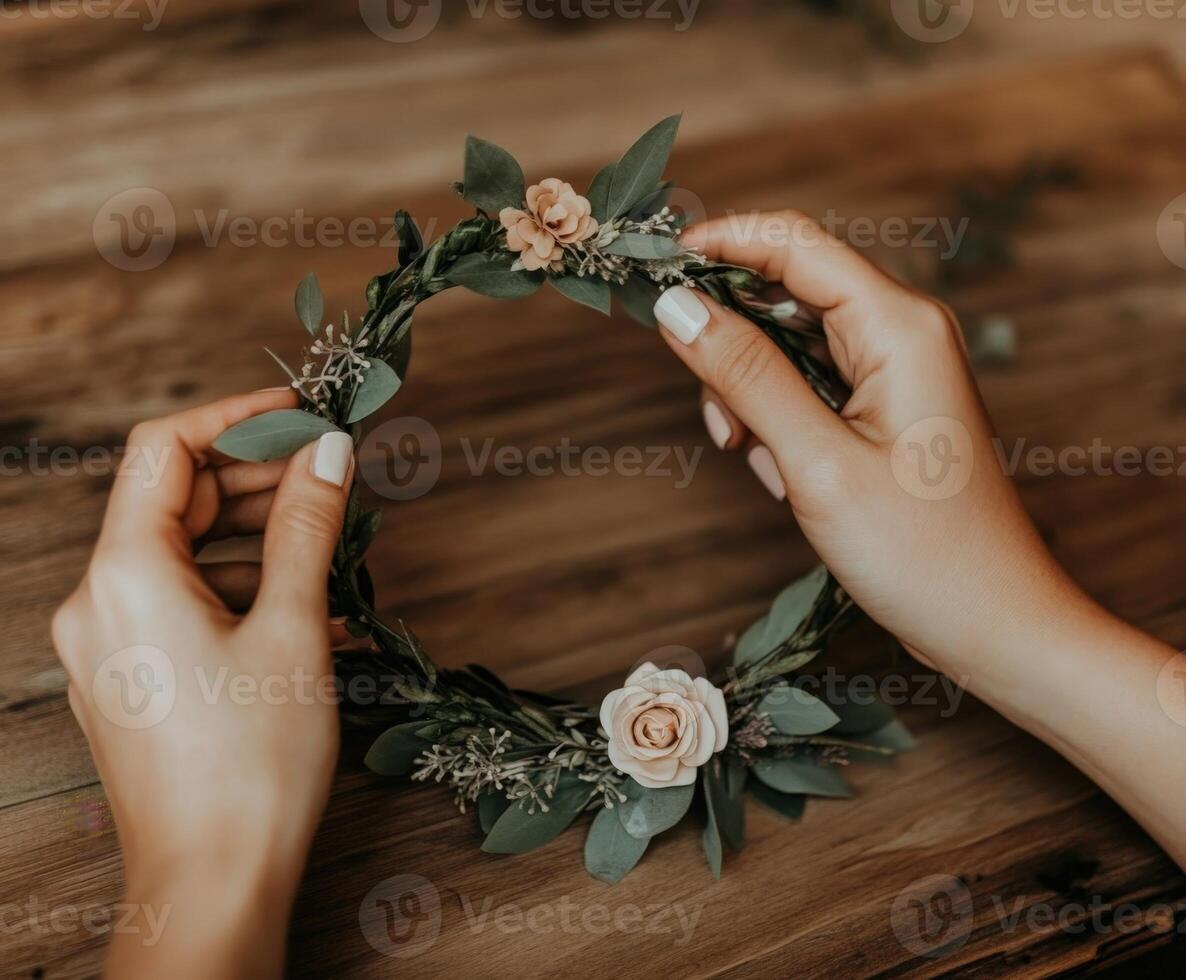 Creating a delicate floral crown with fresh leaves and blooms at home photo