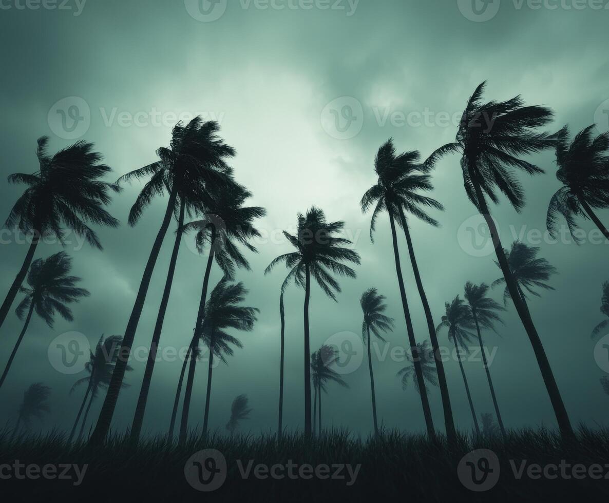 Stormy skies and swaying palms during a hurricane in coastal region photo