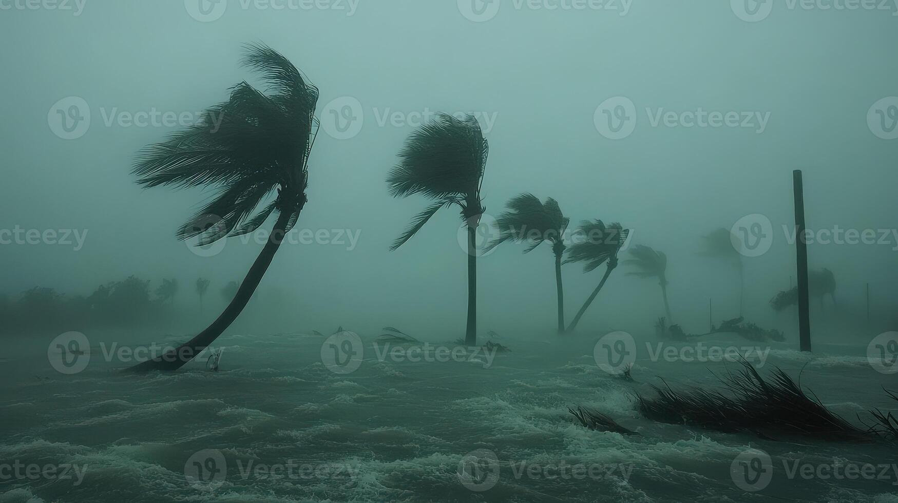 Strong winds and heavy rain from a hurricane impacting coastal area photo