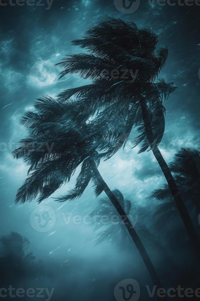 Hurricane winds uproot palm trees under dark stormy skies at night photo