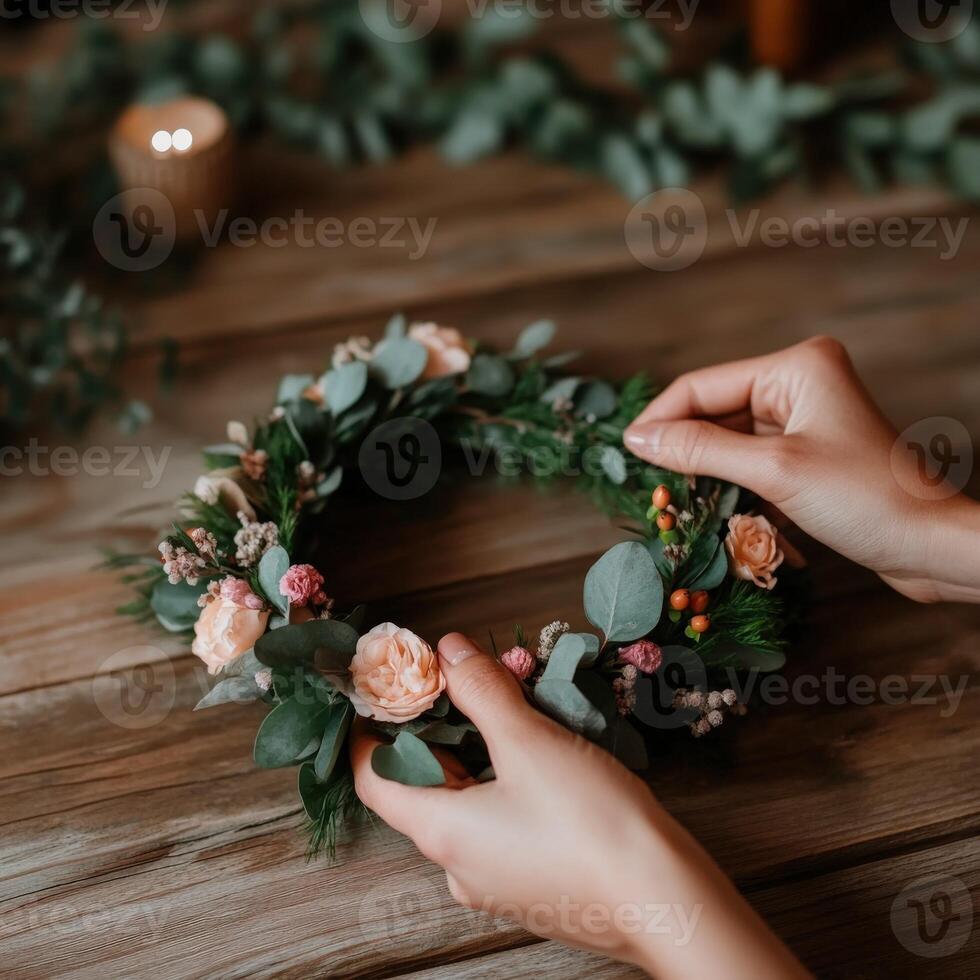 Creating a delicate floral crown with soft hues and greenery indoors photo