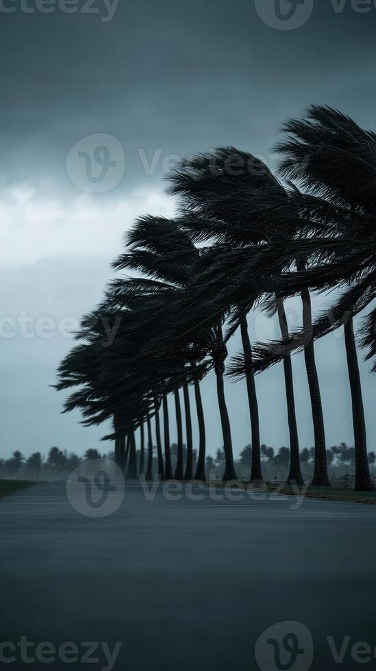 Palm trees bend in strong winds during a coastal hurricane photo