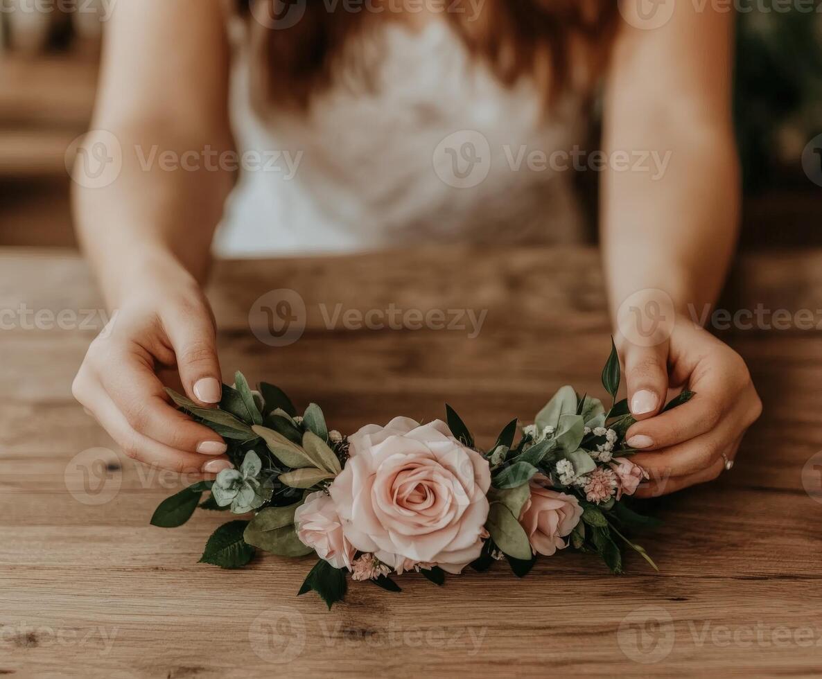 Bride holding a floral crown made of pink roses and greenery indoors photo