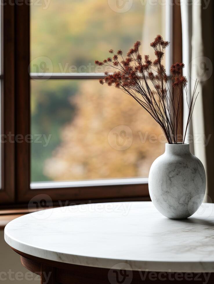 Elegant vase with dried flowers on a marble table beside a window photo