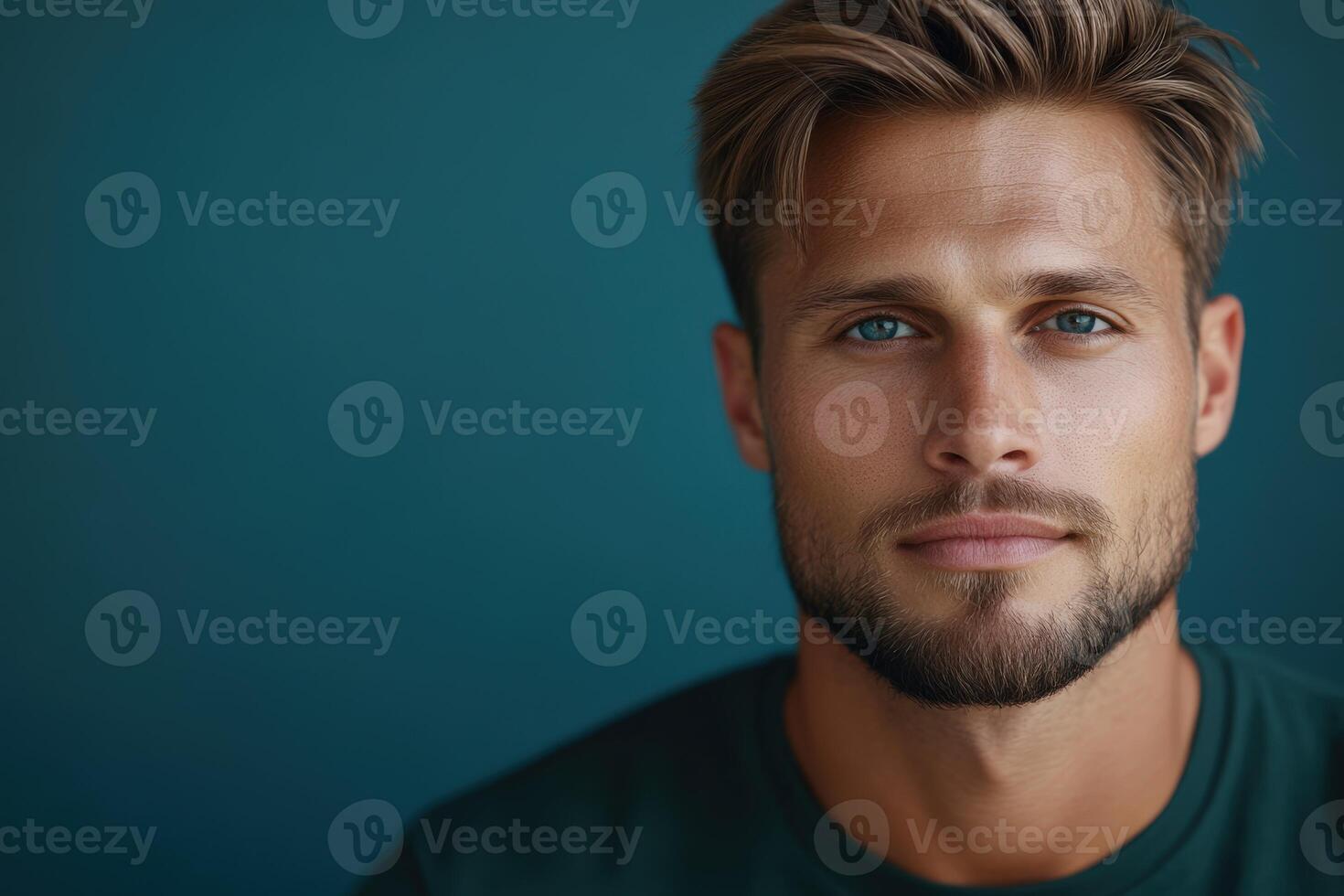 Close-up of a man with striking blue eyes and stylish hair indoors photo