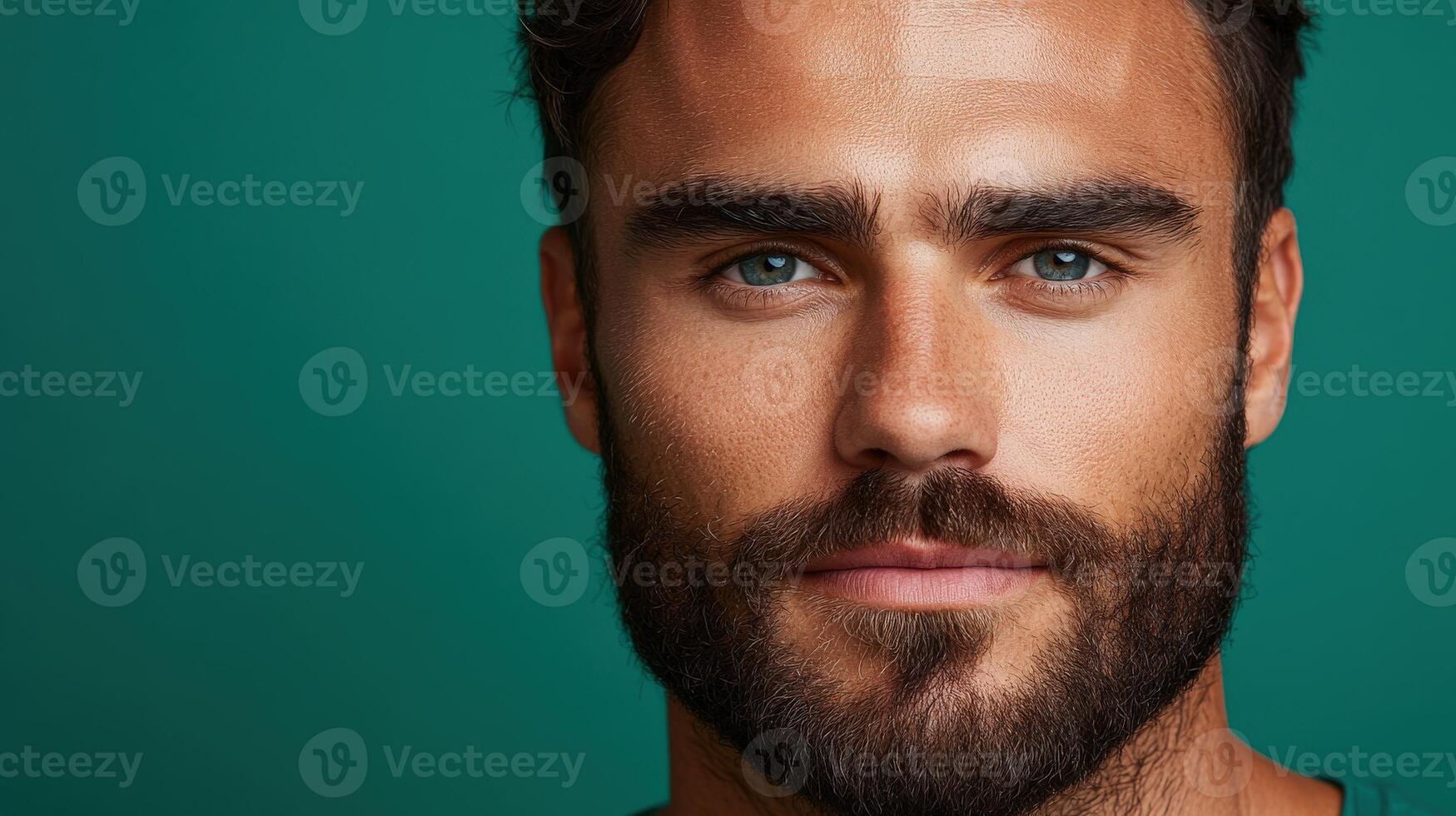 A man with a beard and striking blue eyes poses against a teal backdrop photo