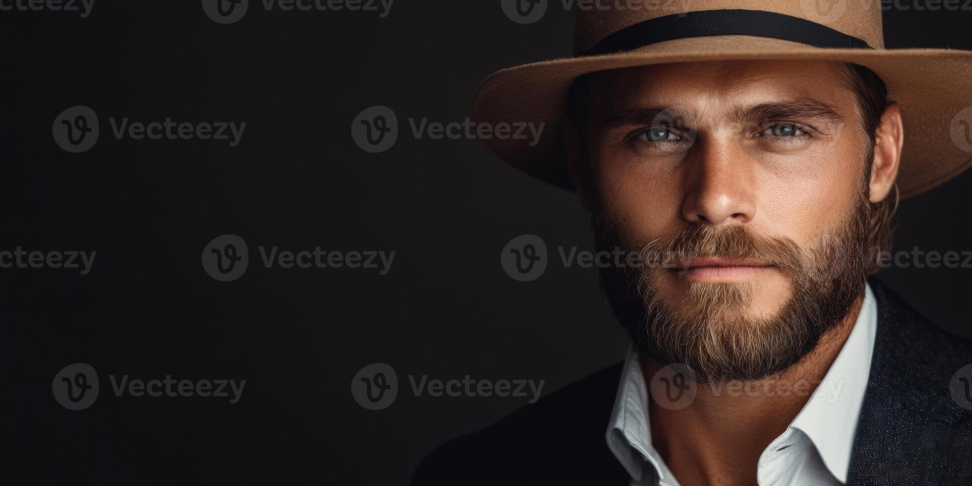 Stylish man in a hat poses elegantly against a dark background photo