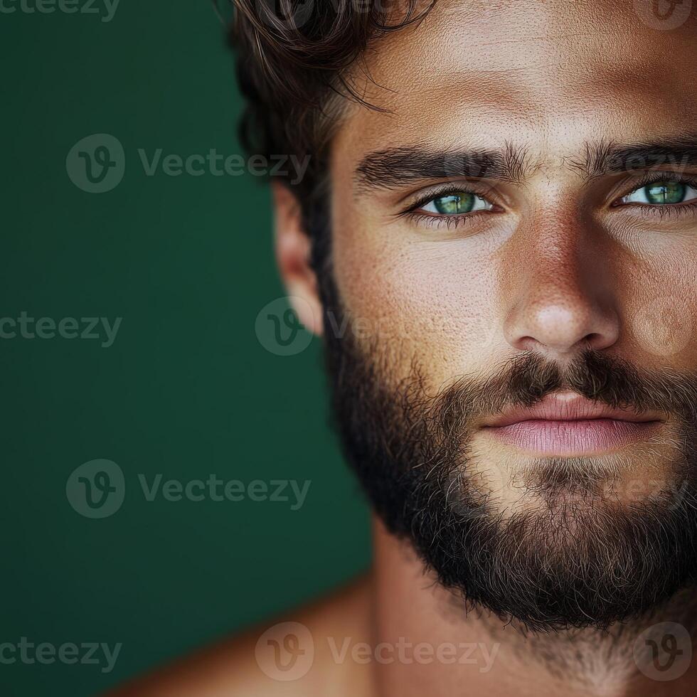 Man with green eyes and a beard on a dark background photo