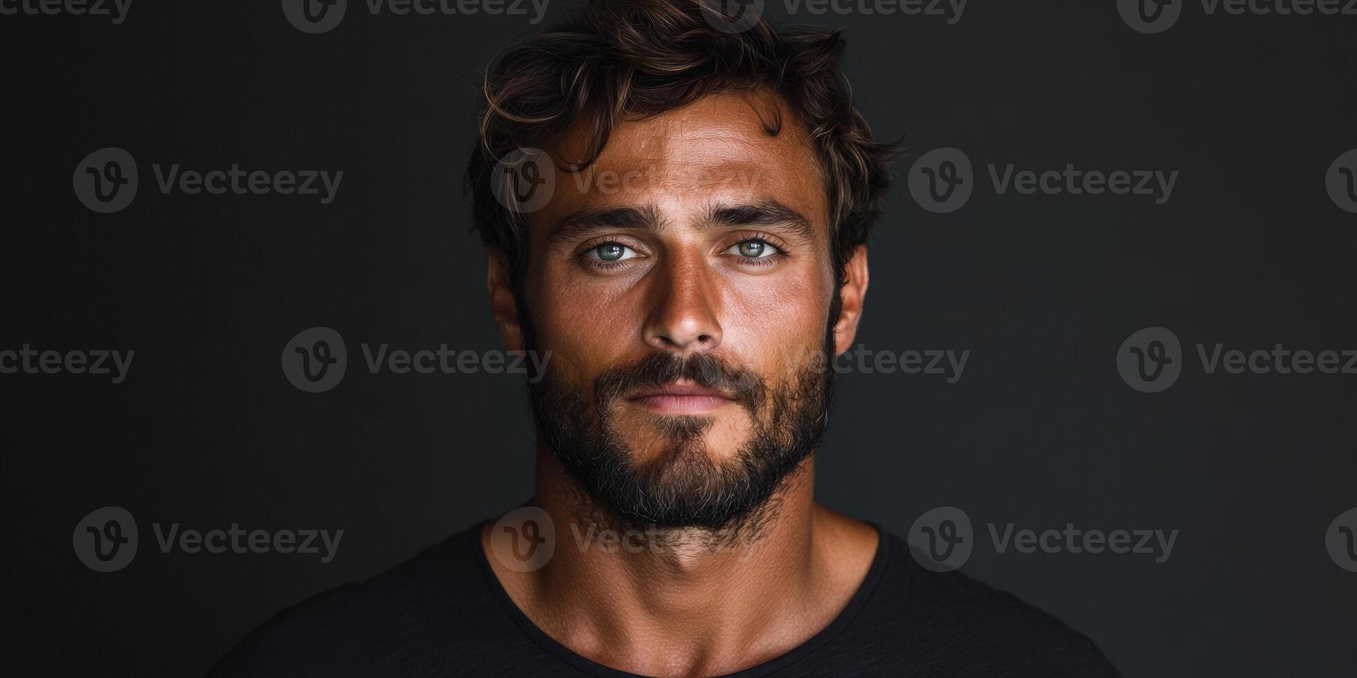 A young man with a beard and blue eyes poses against a dark background photo