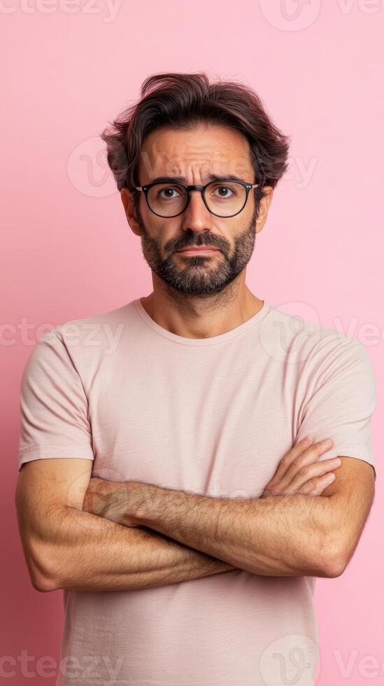 Man with sad expression poses against a pink background indoors photo