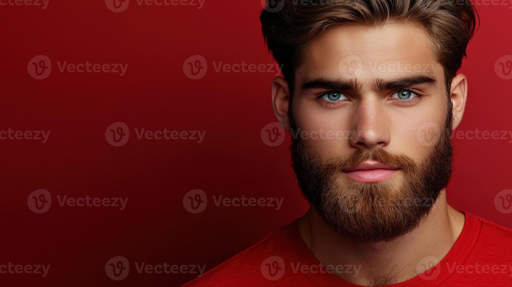 Young man with a stylish beard and blue eyes on a red backdrop photo