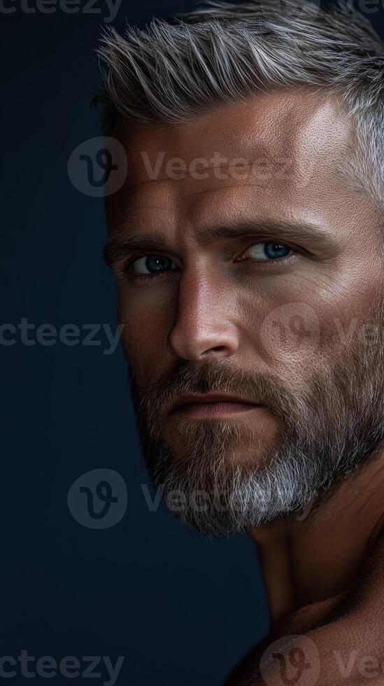 Close-up portrait of a man with a beard in dramatic lighting photo