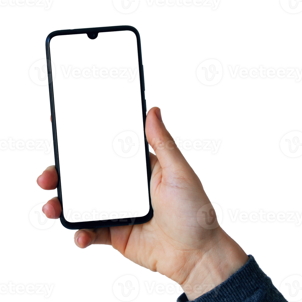 A person holding a black smartphone with a blank screen png