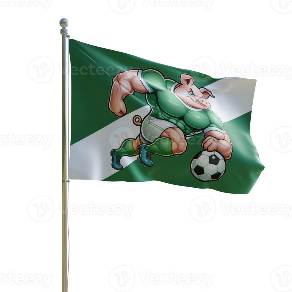 A green and white soccer flag with a cartoon pig on it png
