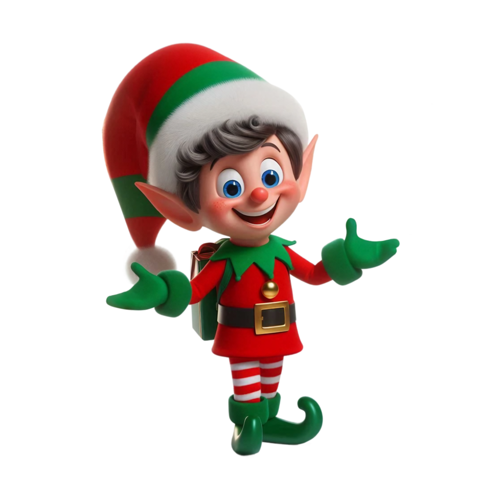 3D smiling christmas funny boy elf, santa's helper in red suit and green gloves png