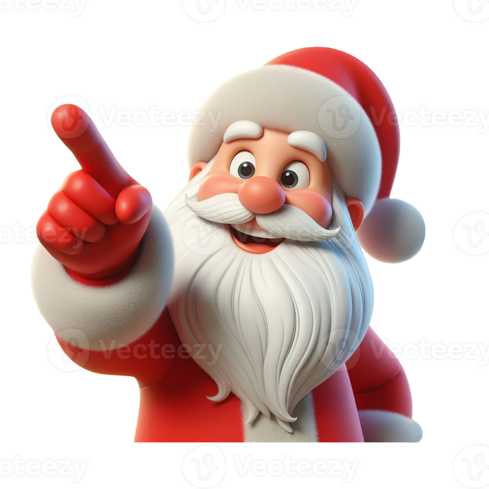 3D cheerful smiling Santa Claus looking at something and pointing his finger up png
